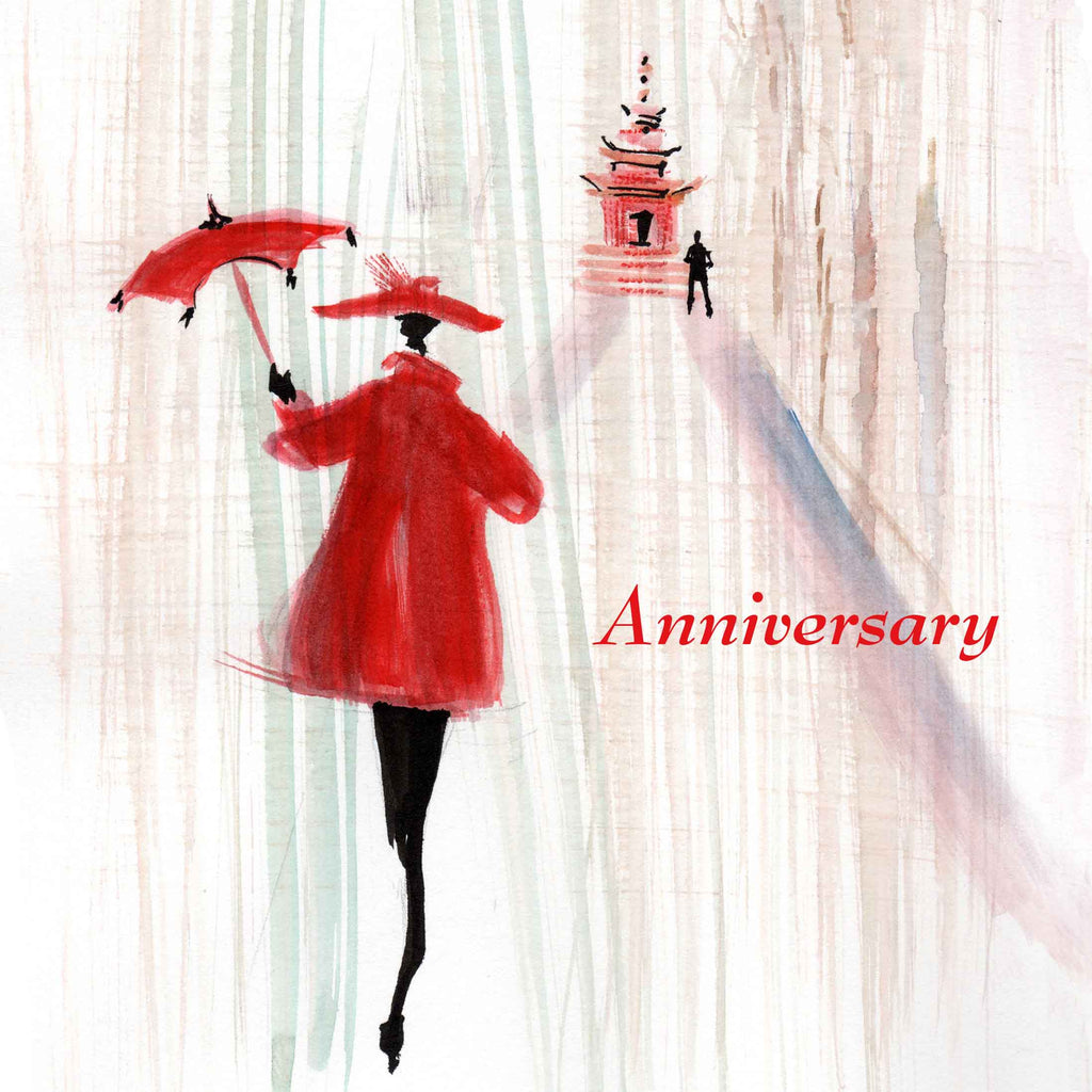 This anniversary card features a very stylish lady wearing a 50s style red coat, broad red hat and carrying a red parasol walks along an avenue of trees towards a red pagoda – the love of her life is standing there!