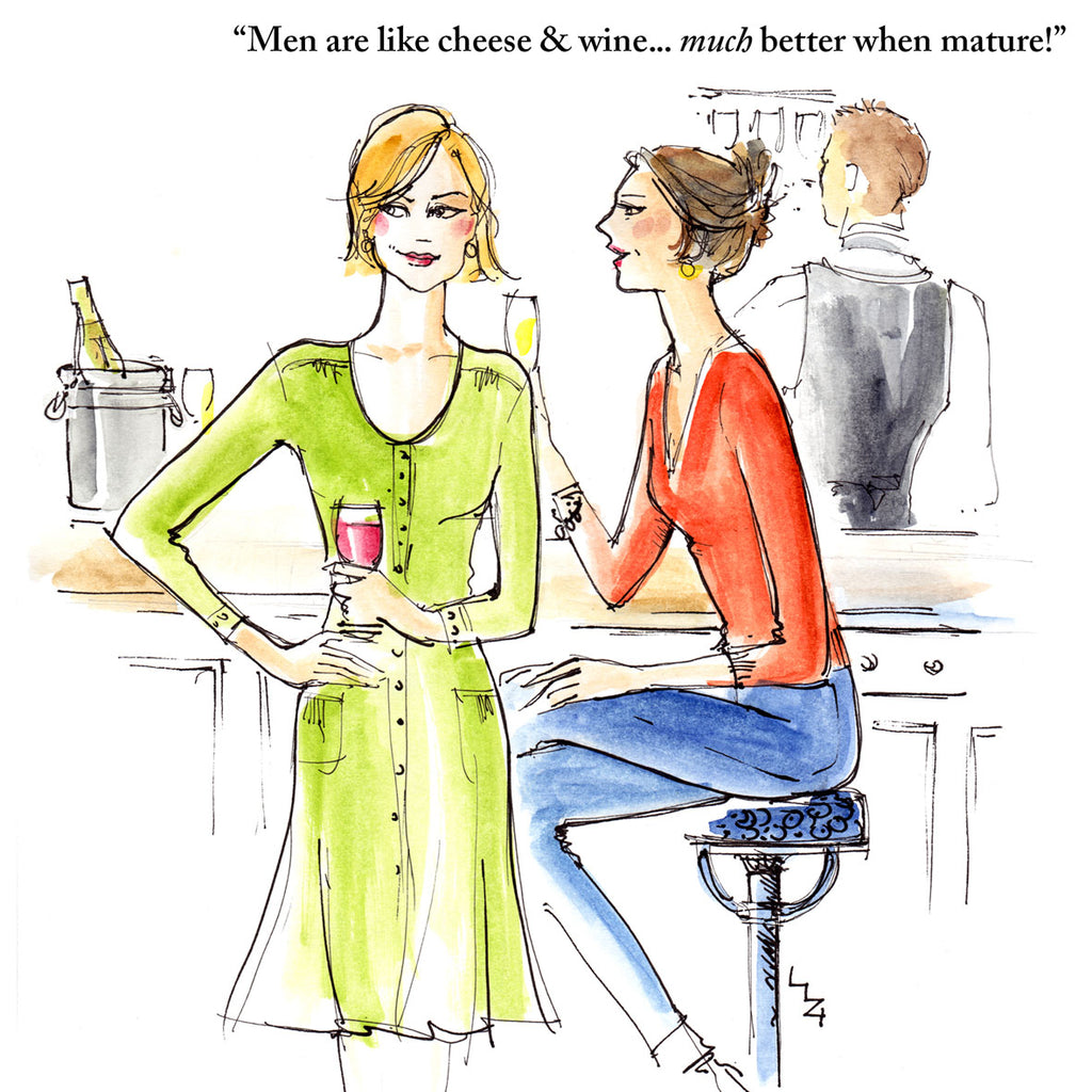 Lizzie's drawing shows two women at a bar they have a drink each and are discussing men... they agree that like cheese and fine wine men are better when mature!