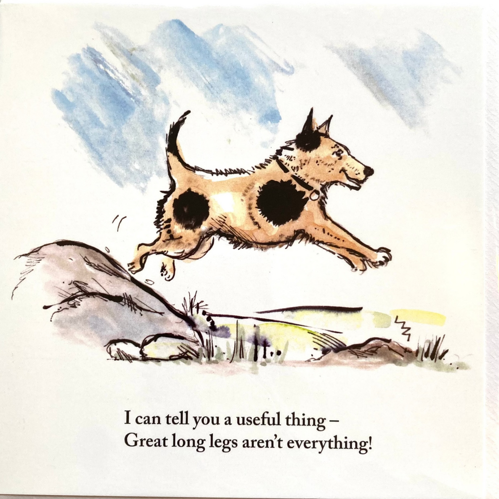 Card with a dog illustration and humorous text on a decorative background