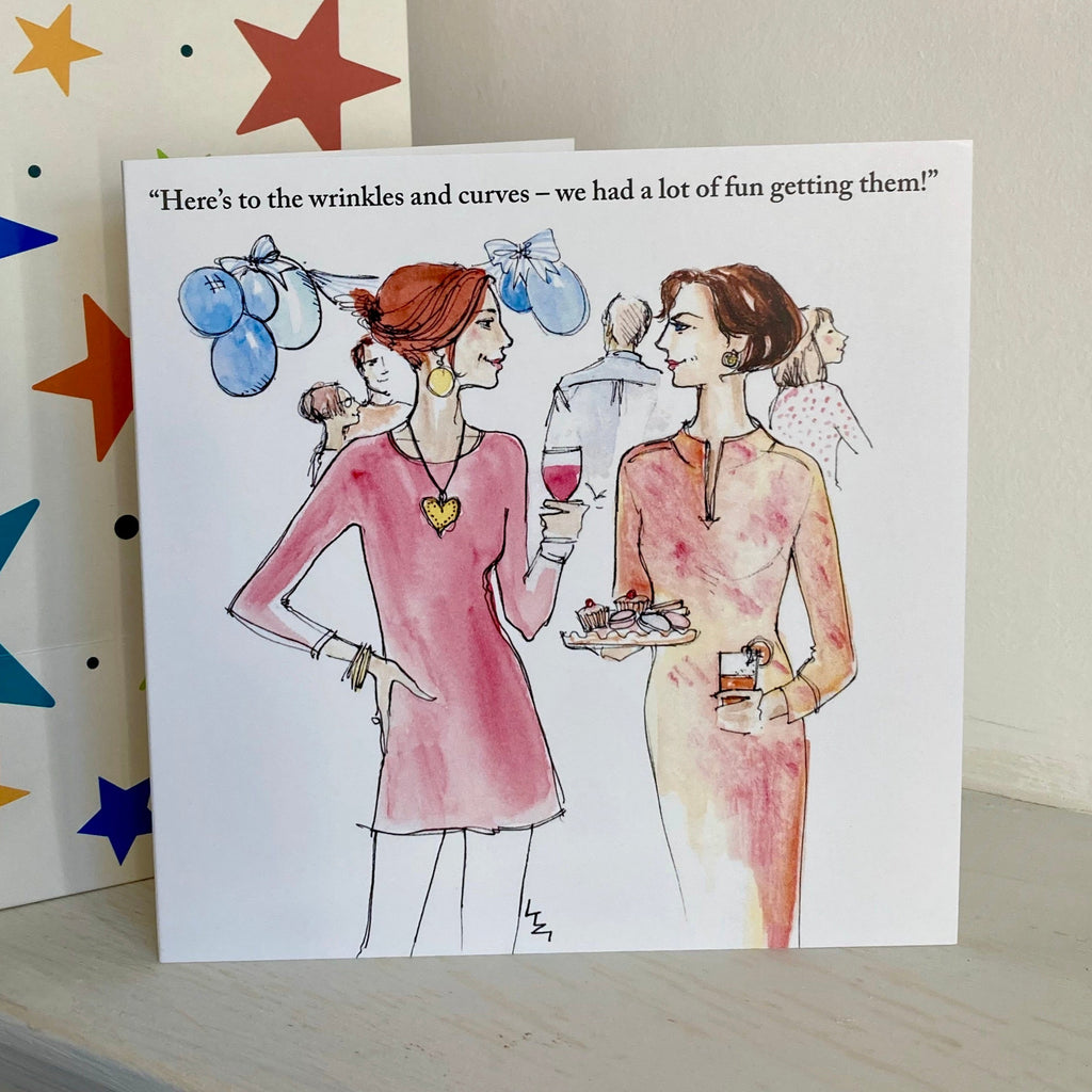 Square card with colourful drawing of two women at a party chatting and sharing a joke about gracefully ageing