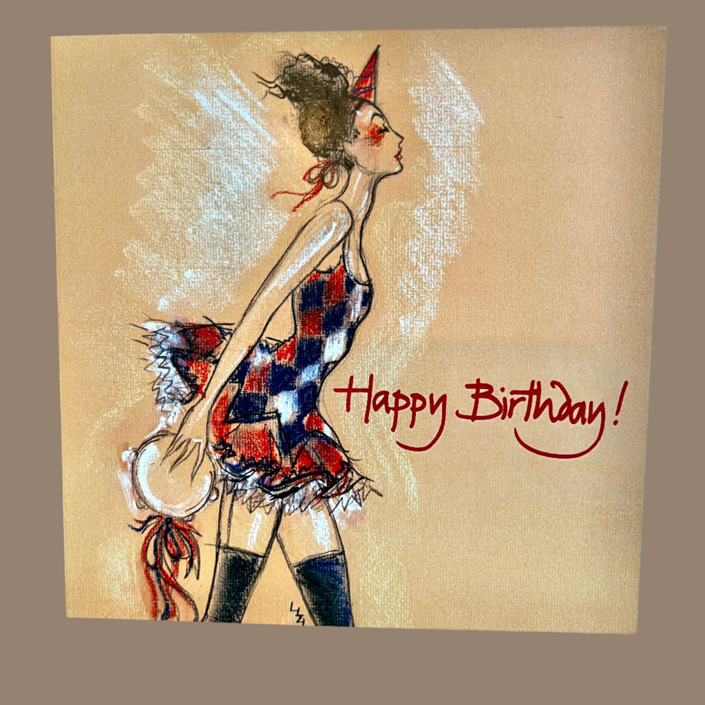 Birthday card with Happy Birthday text and pastel drawing of circus girl with tambourine