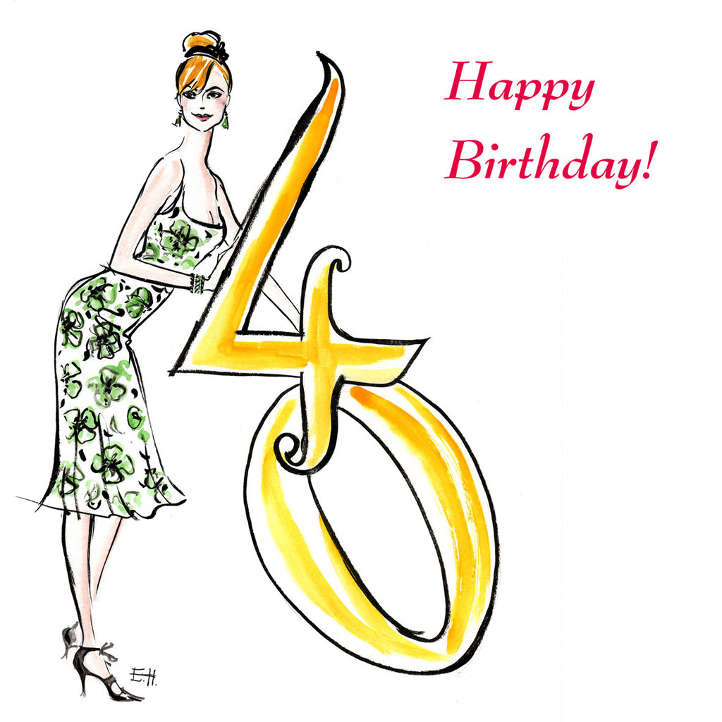 Caption reads '40 Happy Birthday!'  Lizzie has drawn an attractive blonde woman in a green floral dress leaning on a giant golden number 40.