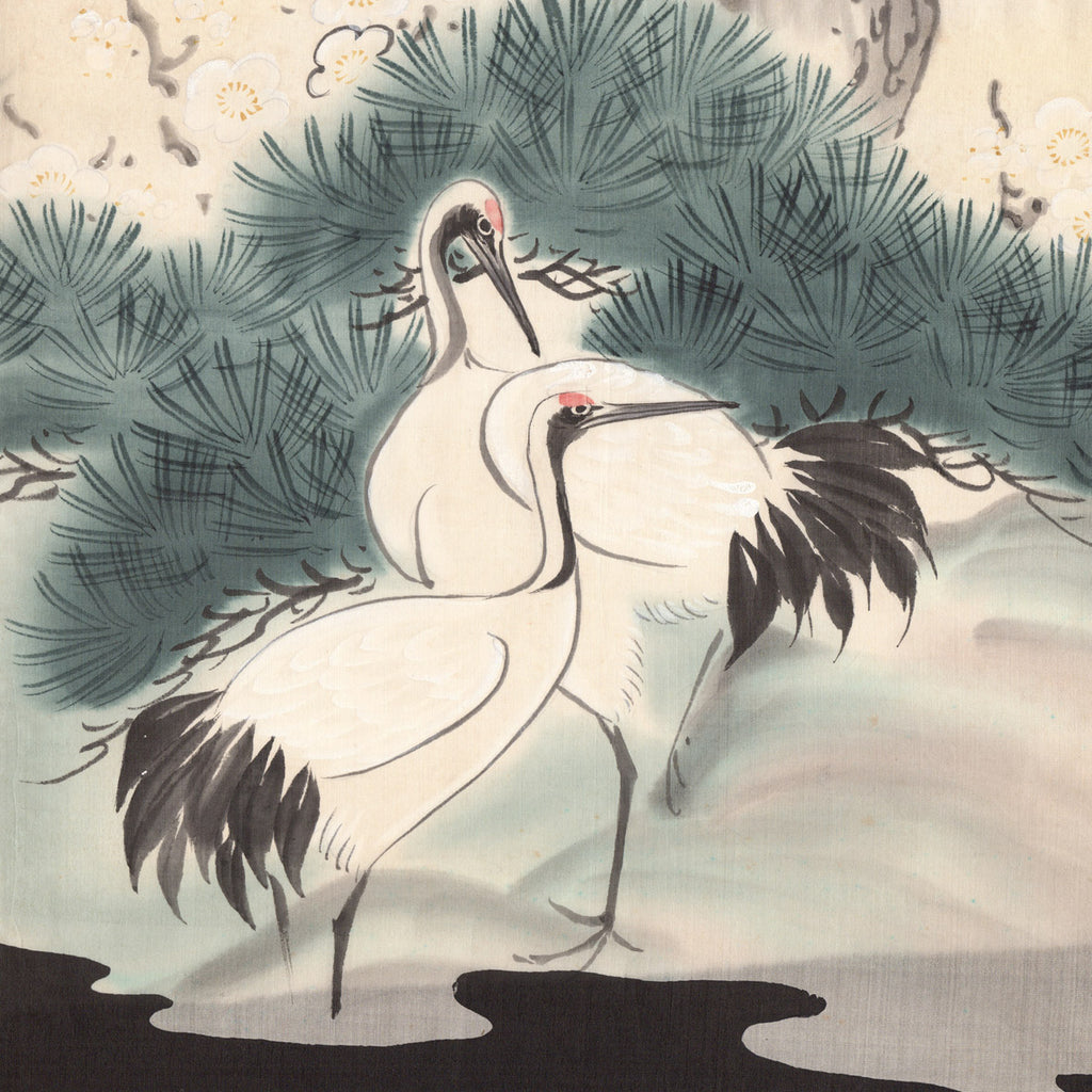 Soft greens; two cranes greeting card; symbolise longevity, luck and fidelity;   Lovely vintage Japanese fabric designs; any occasion;  friend; thinking of you; sister; niece; aunt; wife; grandma; friend