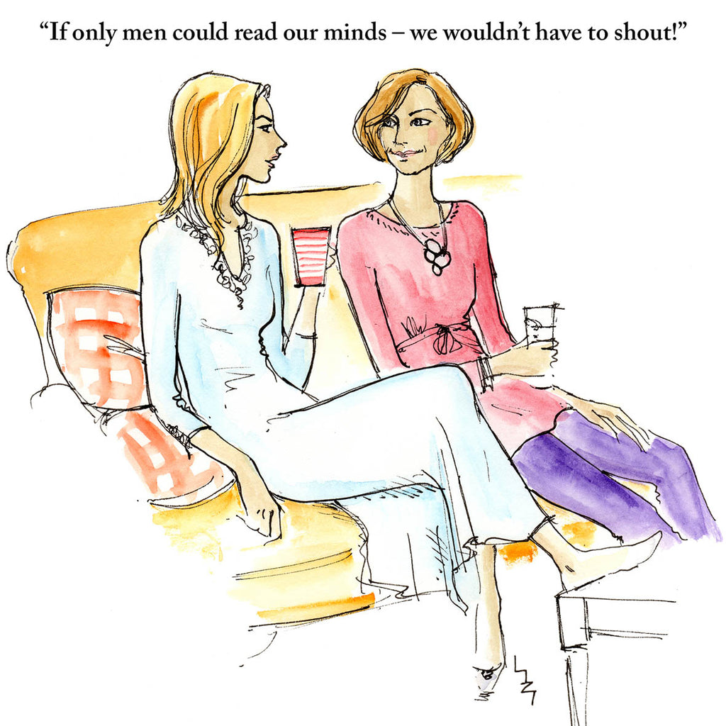 Two women relaxing on a sofa, discussing men and how they can't fathom them