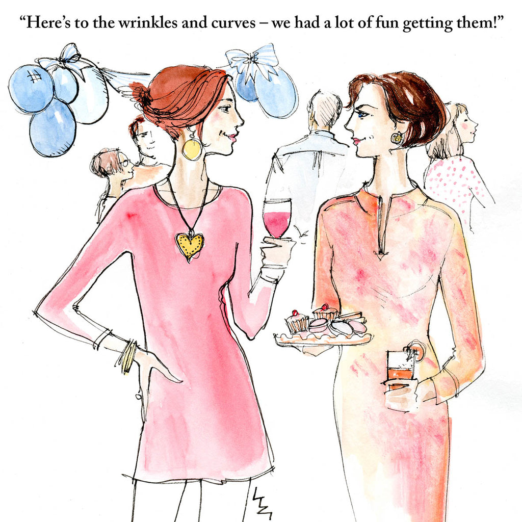 Two women at a party raising a glass to all the fun they've had reaching maturity